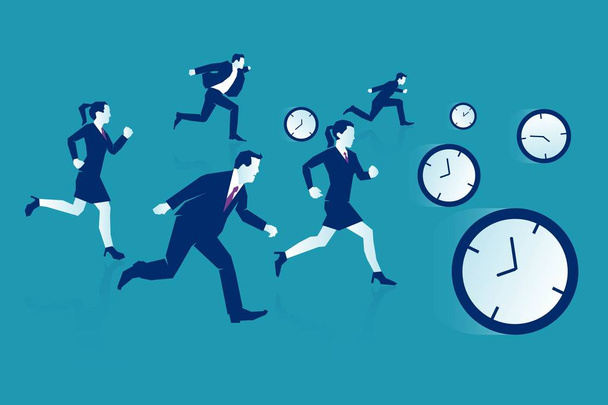 Time is money concept. Managers people women and men chasing pocket watch, race against time conceptual image. Eps 10 Vector illustration, Minimalist white blue flat business style modern design. - Vector, Image