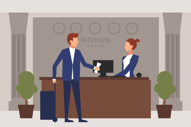 Hotel reception. Young man giving reservation papers to a woman receptionist that stands at reception desk. Travel hospitality hotel booking concept. Eps 10 Vector illustration Minimalist brown style - Vector, Image