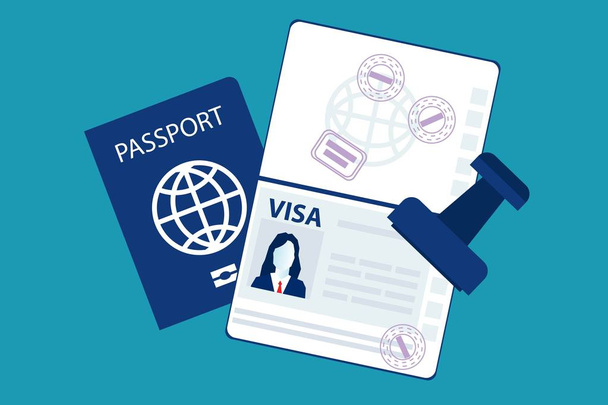 Reisepass mit biometrischen Daten und Visa-Stempeln darauf isoliert auf blauem Hintergrund. Ausweispapier und Zollstempel. Folge 10 Vektorillustration, minimalistischer flacher Geschäftsstil modernes Design. - Vektor, Bild