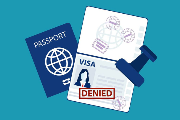 Paszportu kobiety z odmowa na wizę turystyczną na nim czerwony znaczek odmówiono wjazdu visa koncepcja na białym tle na niebieskim tle. Ilustracja wektorowa EPS minimalne biały biznes płaskie niebieski styl nowoczesny design - Wektor, obraz