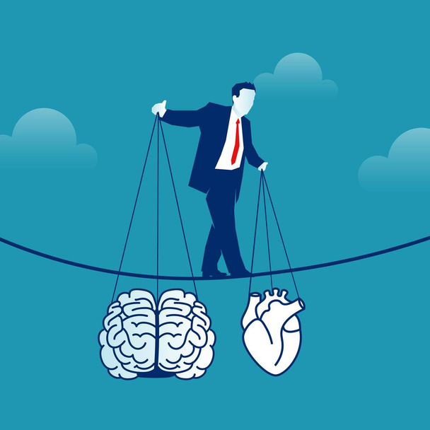 Business Man balancing on a rope in the sky holding brain in one side and heart in other shaking. Find harmony balance between mind and soul concept Eps Vector illustration isolated on blue background - Vector, Image