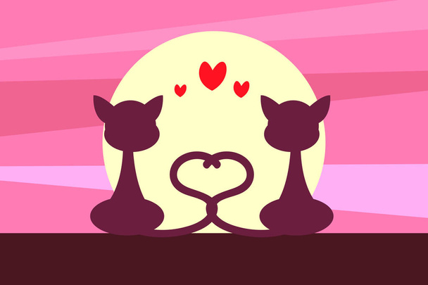 Chats amoureux regardant vers la pleine lune jaune leurs queues formant un cœur, coeurs rouges entre eux, isolés sur fond rose clair. Illustration vectorielle Eps
 - Vecteur, image