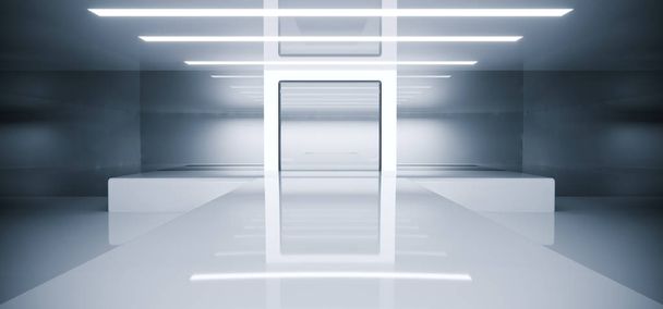 Futuristico moderno vuoto fantascienza stanza riflettente con luci led bianche e palco Arena Concetto astronave incandescente bianco rettangolo luce 3D Rendering Illustrazione
 - Foto, immagini