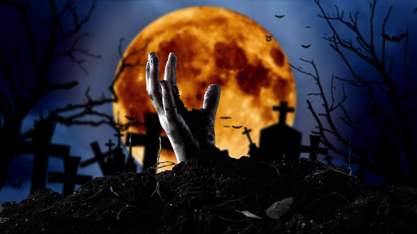Zombie hand komt uit het graf en vleermuizen vliegen. Achtergrond van de kerkhof - Video