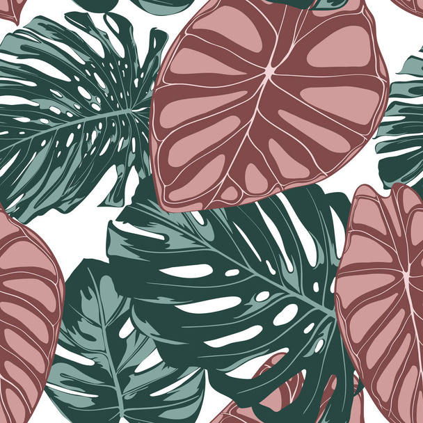 Tropical Jungle Leaves. Vector Seamless Pattern. Philodendron or Monstera Plant Repeating Background for Textile, Wallpaper, Summer Decoration. Floral Seamless Pattern with Alocasia and Monstera Leaf. - Vettoriali, immagini