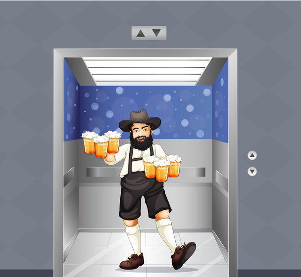 A waiter with mug of beers at the elevator - Vector, Image