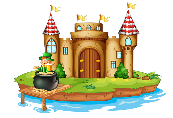 Un castillo con un anciano dentro de un bote de monedas
 - Vector, imagen