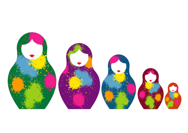 Russisch nesting dolls matrioshka, ingesteld pictogram kleurrijke symbool van Rusland. Splatter gekleurde stijl. vector geïsoleerd op witte achtergrond - Vector, afbeelding