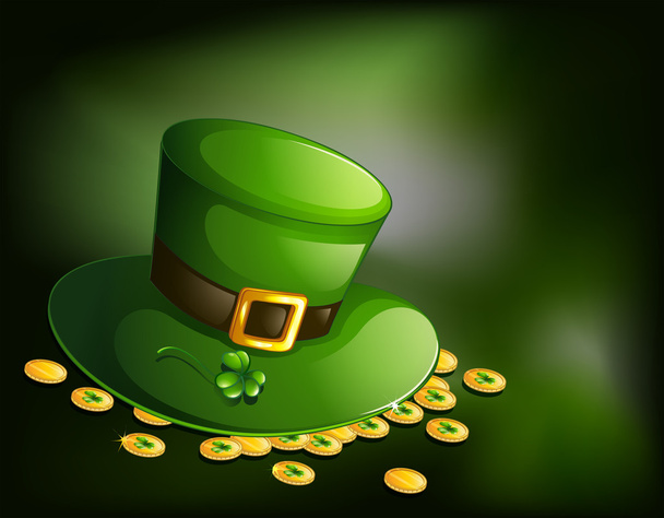 A green hat with a clover plant and coins - Vector, Imagen