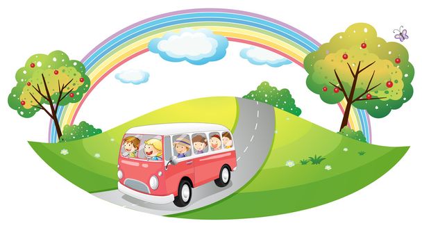 A pink bus with passengers - Vector, Image