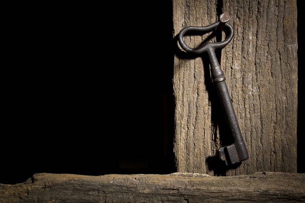 Vintage key hanging on an old log - Фото, зображення