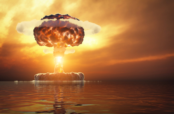 nukleare Explosion über dem Wasser. 3D-Illustration - Foto, Bild