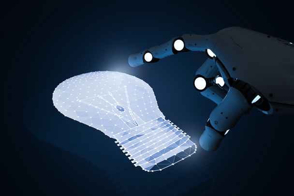 Concept de créativité avec robot de rendu 3d main tenir ampoule
  - Photo, image