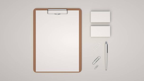 Clipboard with white sheet of paper, business cards, paper clips and automatic ballpoint pen on white background. Branding mockup. 3D rendering illustration. - Fotografie, Obrázek