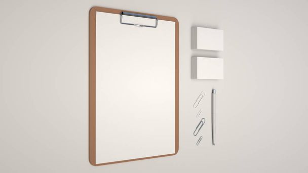Clipboard with white sheet of paper, business cards, paper clips and automatic ballpoint pen on white background. Branding mockup. 3D rendering illustration. - Foto, Imagem