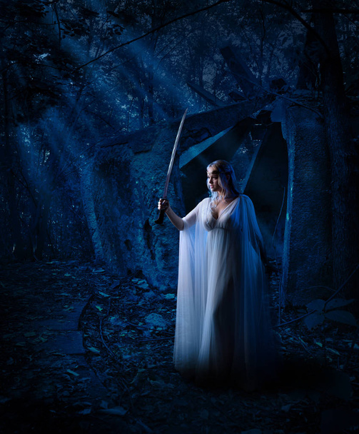 Young elf girl in night forest - 写真・画像