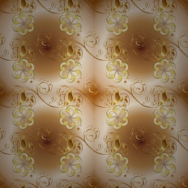 Cores bege, marrom e amarelo com elementos dourados. Vetor dourado ornamento floral brocado têxtil e padrão de vidro. Padrão dourado sem costura. Metal dourado com padrão floral
. - Vetor, Imagem