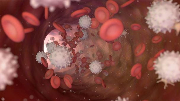 3D-Illustration eines Blutstroms mit roten Zellen, weißer Zelle und Blutplättchen - Foto, Bild