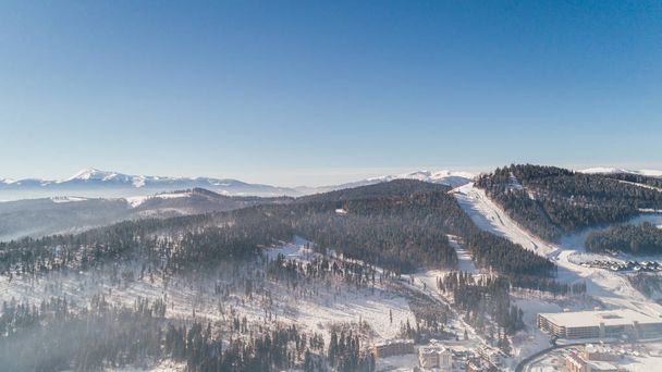Aerial view of the mountains. Carpathians. Bukovel. Village. Winter. Snow. Forest. Trees - Foto, immagini