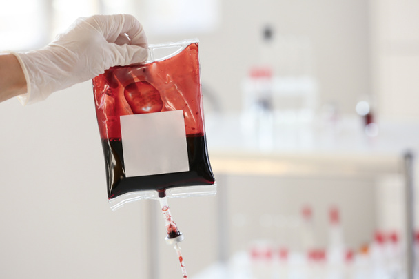 病院で輸血用血液パックを保持している手袋の手します。 - 写真・画像
