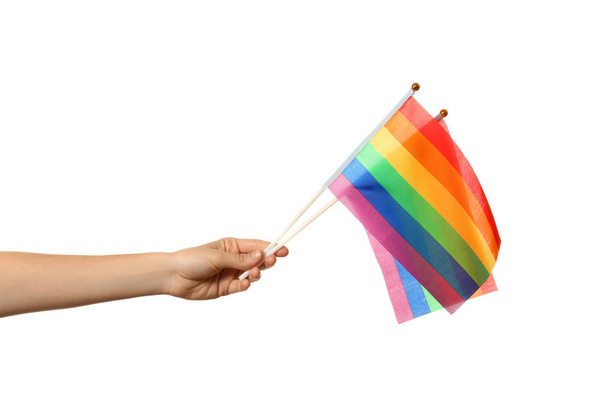 Woman holding rainbow flags of LGBT on white background - Фото, изображение