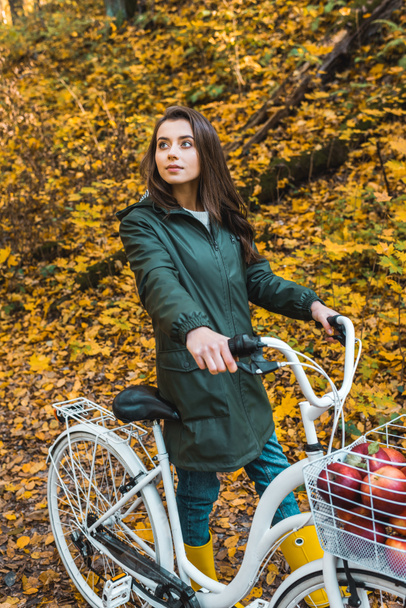 Młoda kobieta przewozu rowerów z kosz pełen jabłek w żółty jesienny Las - Zdjęcie, obraz