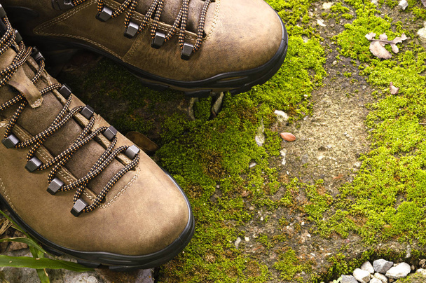 クローズ アップ、茶色の革のハイキングのブーツ緑の苔。水平方向のカラー画像. - 写真・画像