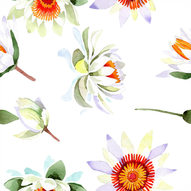 Ακουαρέλα λευκό λωτό. Floral βοτανικό λουλούδι. Απρόσκοπτη υπόβαθρο μοτίβο. - Φωτογραφία, εικόνα