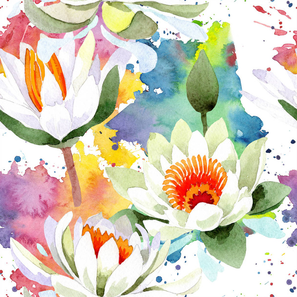 Watercolor white lotus flower. Floral botanical flower. Seamless background pattern. - Photo, image