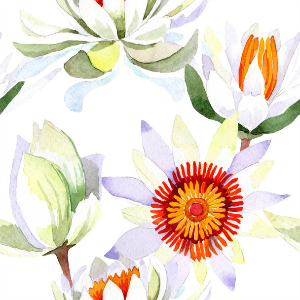 Acuarela flor de loto blanco. Flor botánica floral. Patrón de fondo sin costuras
. - Foto, Imagen