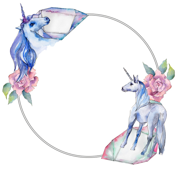 Cute unicorn horse. Fairytale children sweet dream. Rainbow animal horn character. Frame border ornament square. - Photo, Image