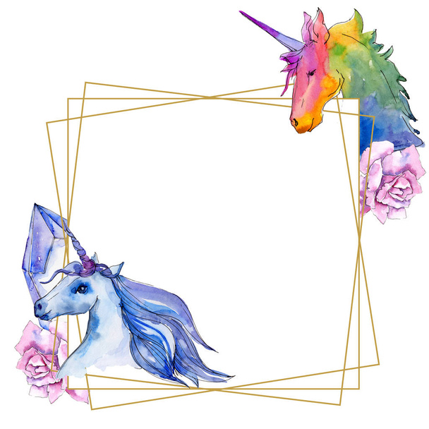Cute unicorn horse. Fairytale children sweet dream. Rainbow animal horn character. Frame border ornament square. - Foto, imagen