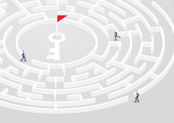 Group of Businessman try to find way to success in circular maze, labyrinth. Vector illustration problem solving, confusion, solution, challenge concept - Vector, Image