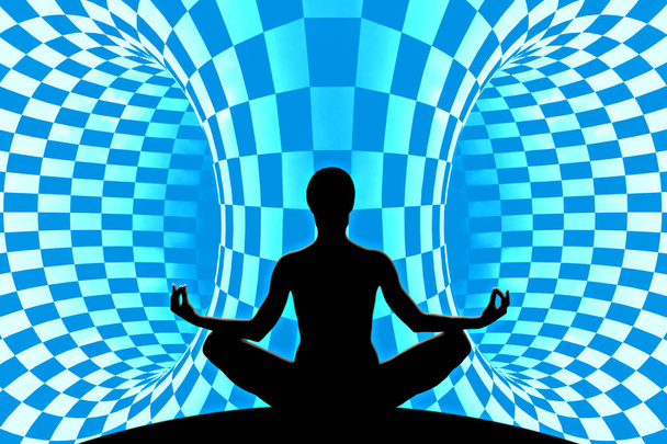 Figura silueta de yoga femenina en extraña habitación redonda azul
.  - Foto, Imagen