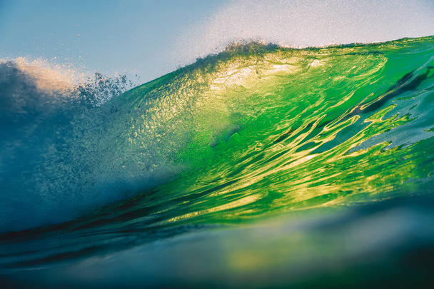 Green barrel wave at sunset. Perfect wave for surfing in Hawaii - Photo, Image