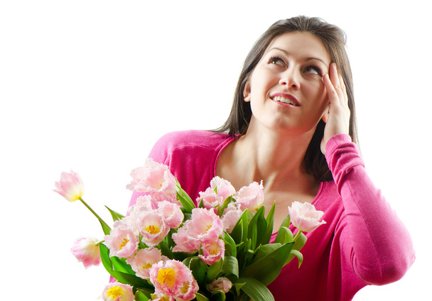 Beautiful happy woman with tulips - Фото, зображення