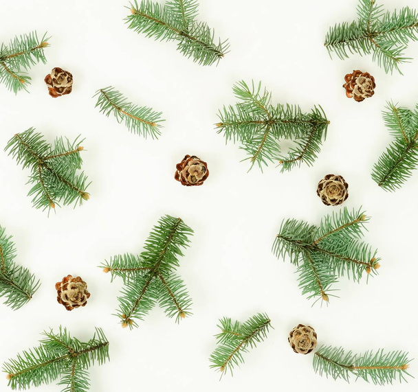 Christmas composition background. pattern of fir branches and cones on a white background. top view - 写真・画像