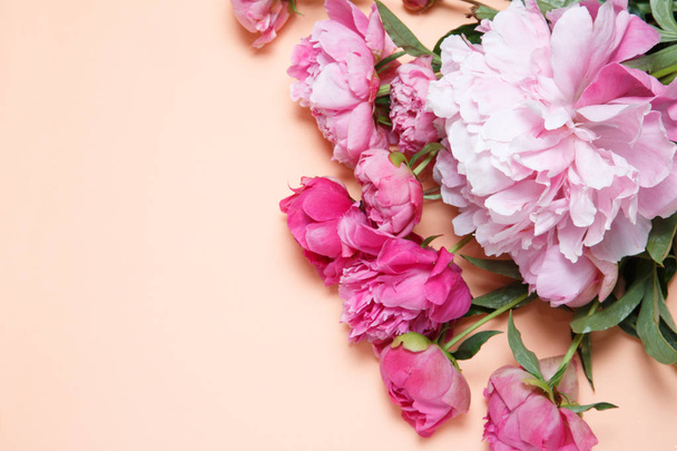 A bouquet of pink peonies lies against a background of salmon-colored . - Fotografie, Obrázek