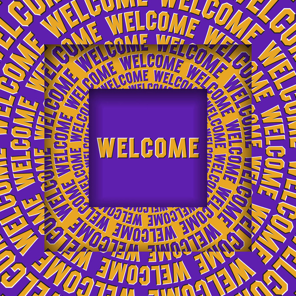 Mensaje de bienvenida en marcos cuadrados con un movimiento circular de color amarillo púrpura palabras. Concepto de ilusión óptica
. - Vector, imagen