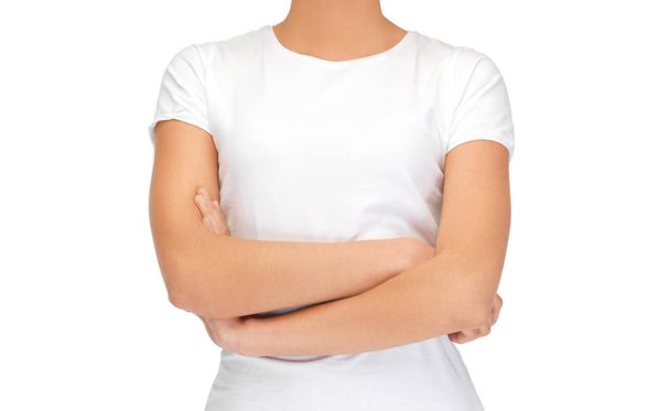 confident woman in blank white t-shirt - Фото, изображение