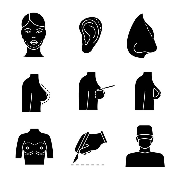 Plastic surgery glyph icons set. Chin, ear, nose shape correction surgery, breast augmentation, scalpel incision, surgeon. Silhouette symbols. Vector isolated illustration - Wektor, obraz