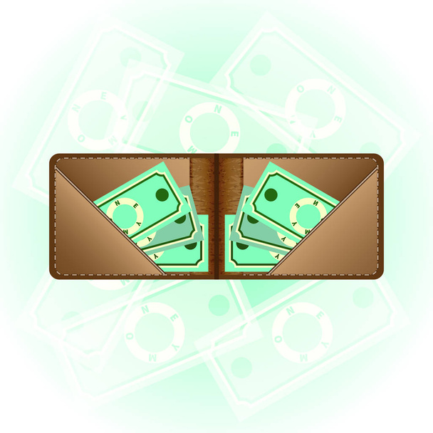 Avaa ruskea lompakko vihreillä paperiseteleillä. Vektorialan menestyskonsepti vihreiden abstraktien setelien taustalla. Trendikäs käsite yrityksille, tulostaa, verkkosivusto, rahoitus, pankit, luettelot, tiedot
 - Vektori, kuva