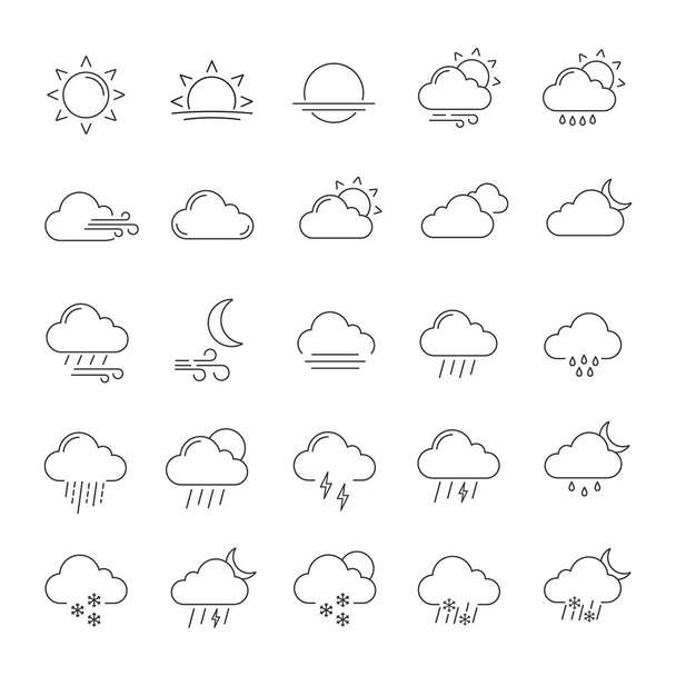 Weather forecast linear icons set. Snow, rain, sleet. Shower or drizzle, thunderstorm. Sunny, cloudy, foggy and windy weather. Contour symbols. Isolated vector outline illustrations. Editable stroke - Wektor, obraz