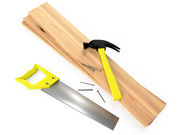Hammer, Hacksäge, Holzbretter und Nägel auf weißem Hintergrund - Foto, Bild