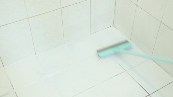 Femme au foyer nettoyage et frotter son sol de salle de bains avec brosse en vacances
. - Séquence, vidéo
