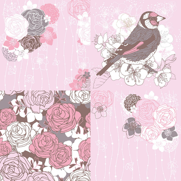 3 cartes de vœux et motif sans couture avec roses à thé et oiseau
. - Vecteur, image