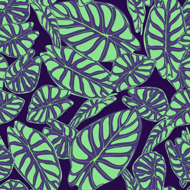 Seamless Tropical Background. Vector Leaves of Alocasia or Philodendron in Watercolor Style. Foliage of Jungle Plants. Exotic Seamless Pattern for Textile, Cloth Design, Fabric, Decor, Wrapping, Tile. - Вектор,изображение