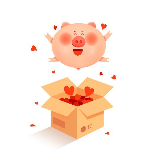 The year of the pig. Cute smiling little pig. - Vector, Imagen