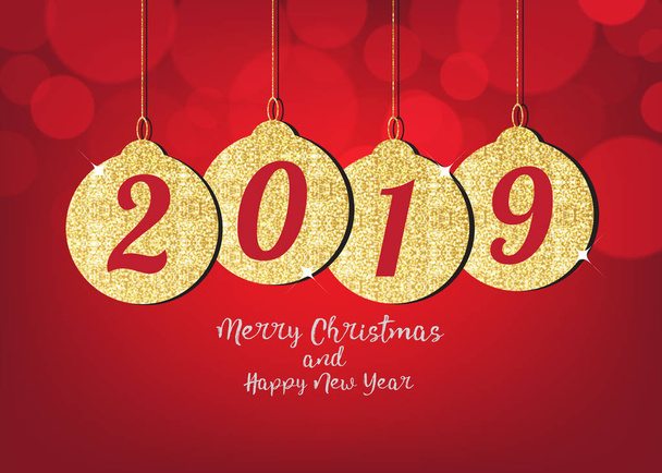 Mutlu Noeller ve mutlu yeni yıl 2019 numara glitter topları parlak kırmızı zemin üzerine asılı. - Vektör, Görsel