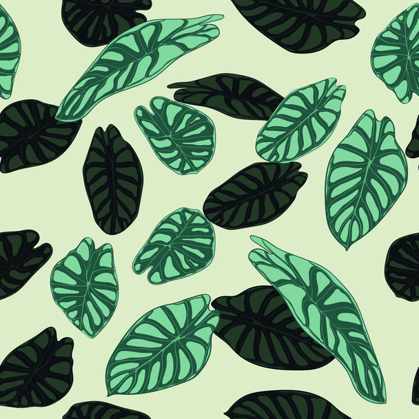 Seamless Tropical Pattern. Trendy Background with Rain Forest Plants. Vector Leaf of Alocasia. Green Araceae. Handwritten Jungle Foliage in Watercolor Style. Seamless Exotic Pattern for Tile, Fabric. - Vector, Image